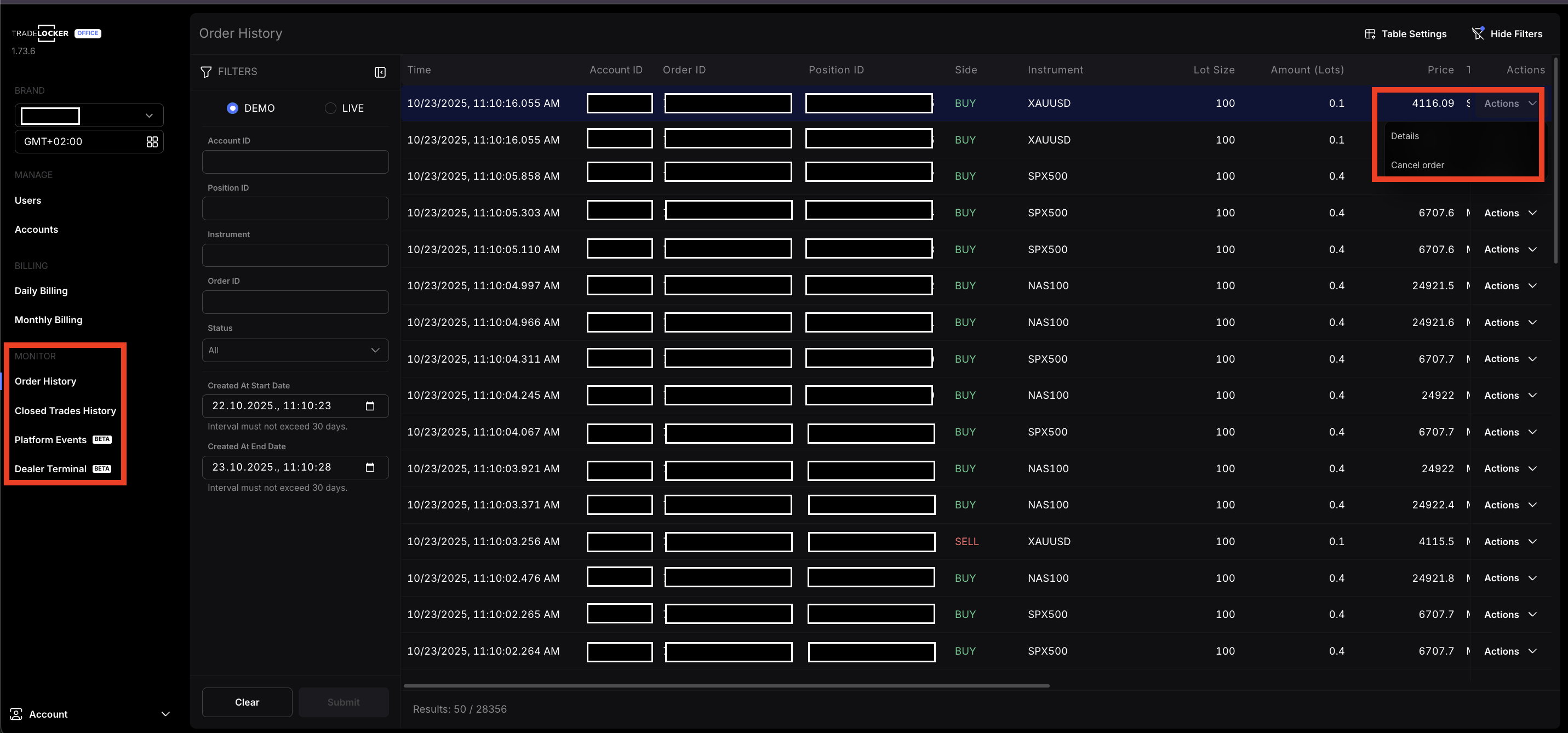 order history on tradelocker