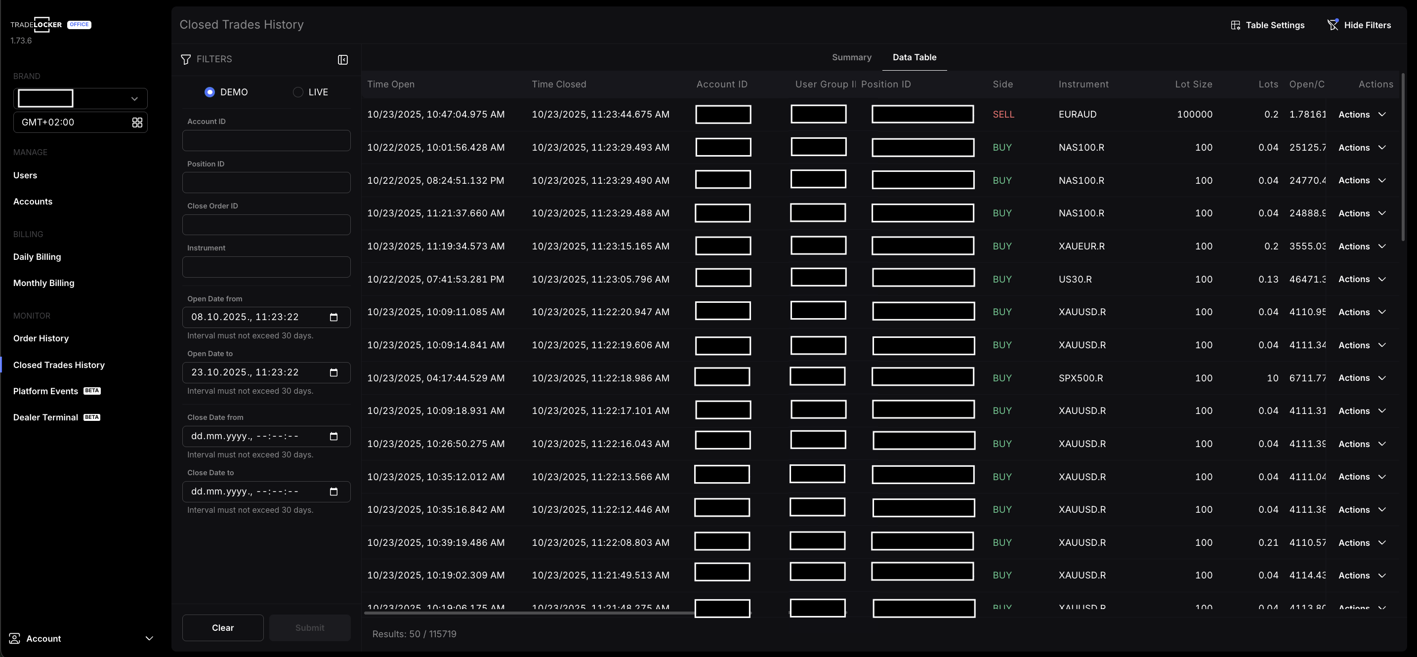 closed trades history on tradelocker office