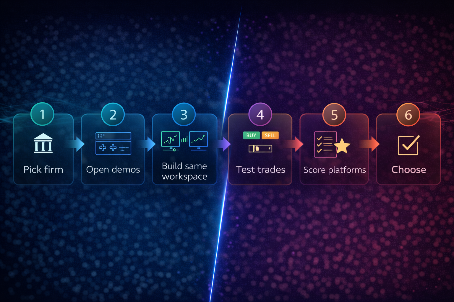 Flowchart showing a six-step process to test trading platforms and compare usability