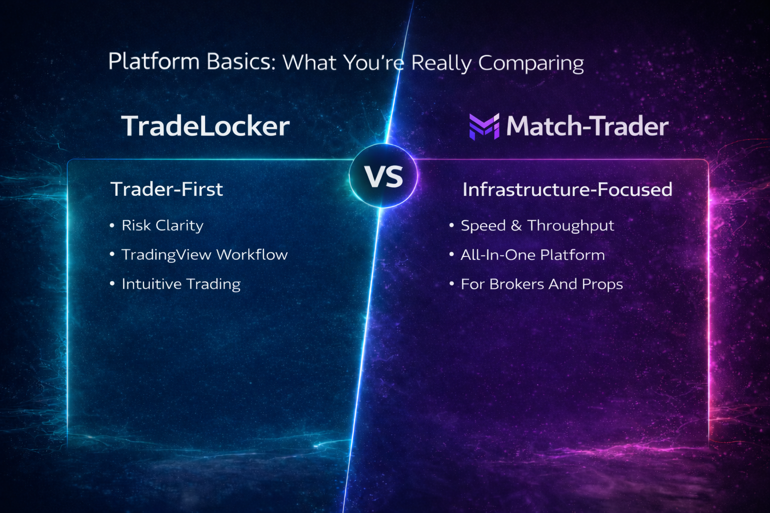 Graphic showing TradeLocker as a trader-first platform focused on risk clarity and TradingView workflow, and Match-Trader as an infrastructure-focused platform built for speed and throughput.