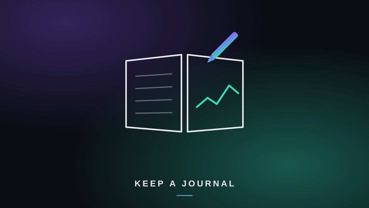 Line icon of an open trading journal with a pencil and a small rising chart on the page