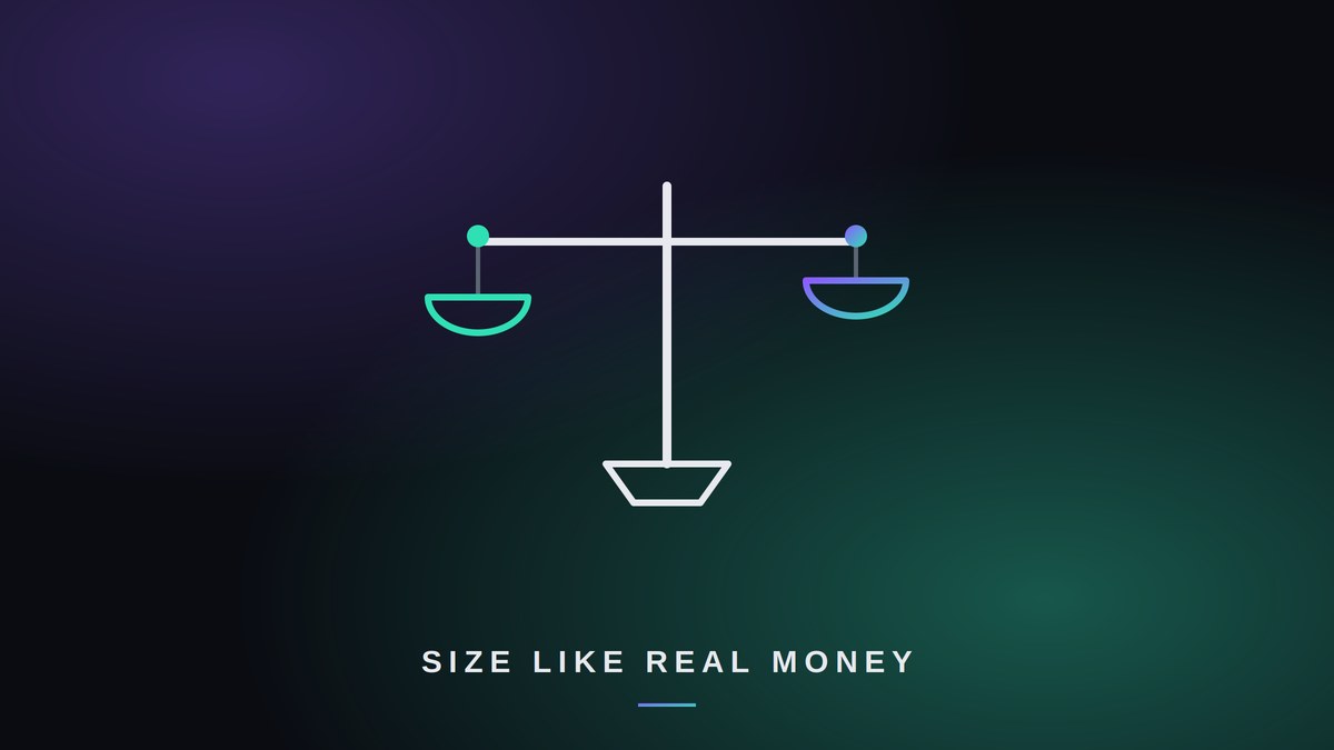 Balance scale icon weighing two amounts evenly, representing sizing demo trades like real money