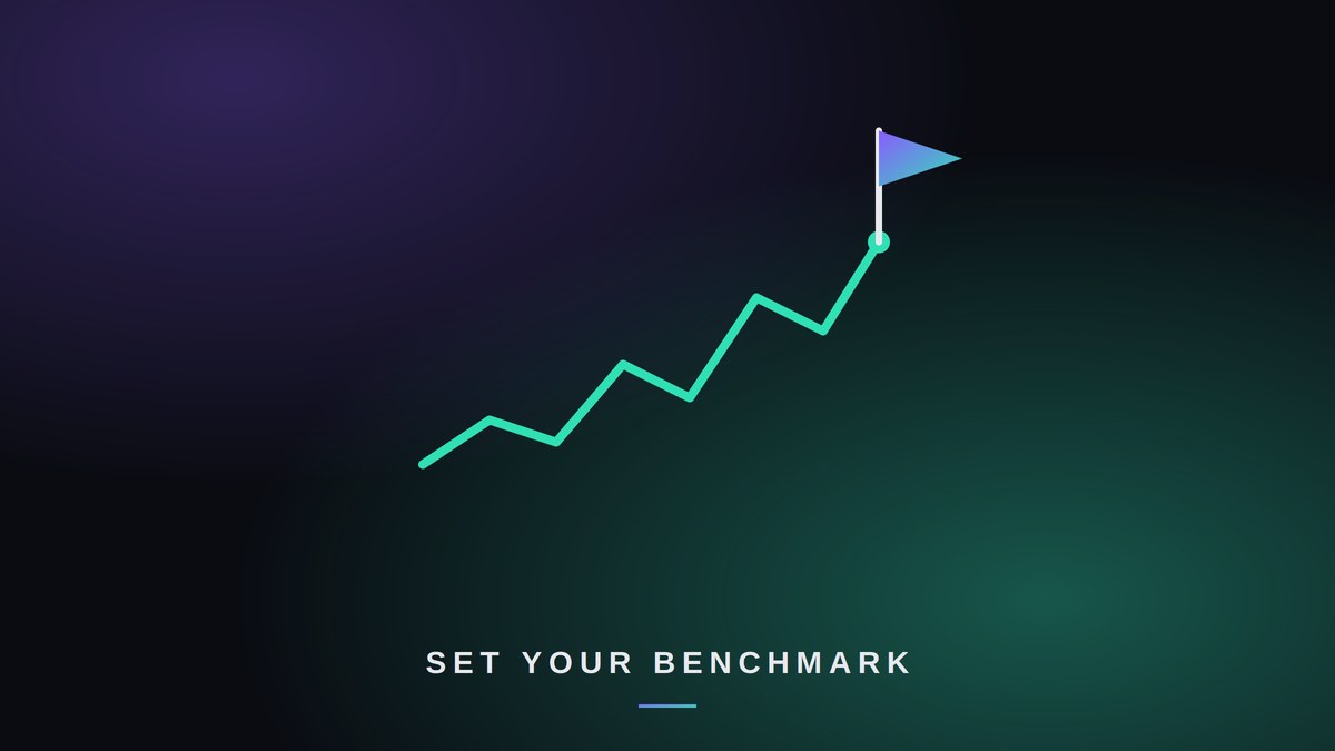 Flag planted at the peak of a rising trading chart line, representing a benchmark before going live